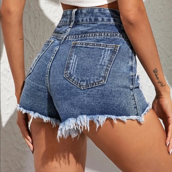 Distressed raw hem ripped denim jean shorts dark high waisted - Picture 3 of 3